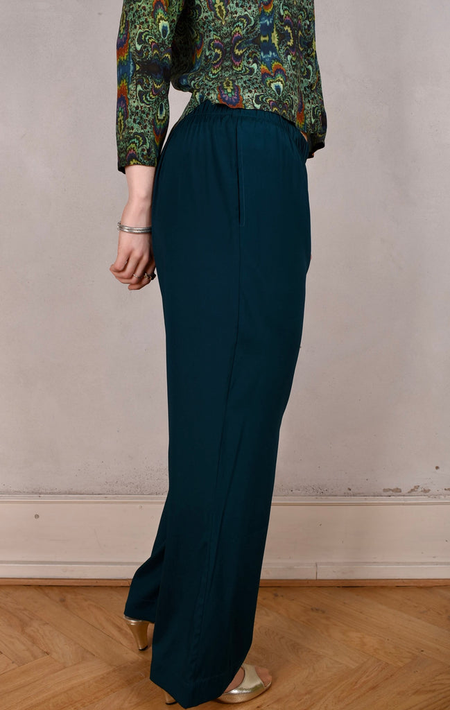 Norma, Semi-wide legged  trousers in Stretch satin Silk. "Petrol blue" Matte silk - Tone Barker Silk