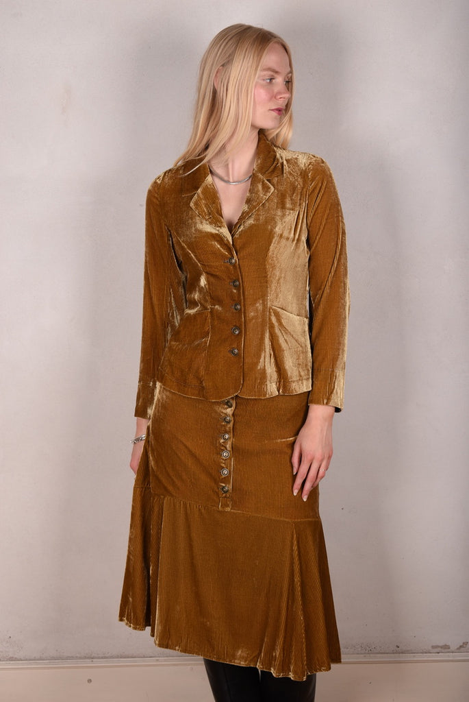 Patti-velvet. Silk stretch Velvet corduroy jacket. Camel with details in print "Angels/demons" - Tone Barker Silk