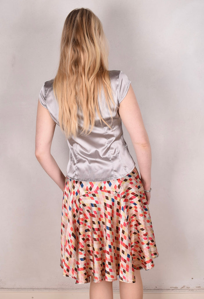 Tango, skirt in stretch silk satin, 95%silk/5% elastane. Print "Harlequin" - Tone Barker Silk