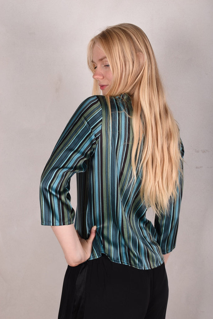 Audrey. Silk satin stretch top, classic style. Print: "M.B.Stripe-petrol" - Tone Barker Silk