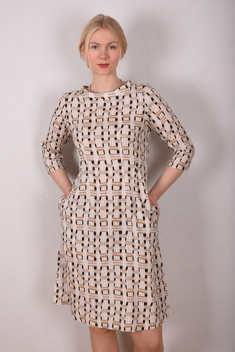 Baudrey, Stretch silk A-line dress with pockets . Print "Beisket" (matte surface) - Tone Barker Silk