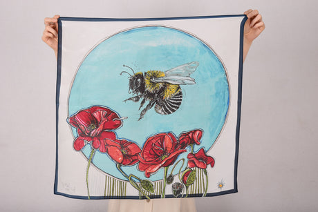 Artist Scarf. Silk Crepe-de-Chine 68X68 cm. "Bee w. worm" By Suse Hartung - Tone Barker Silk