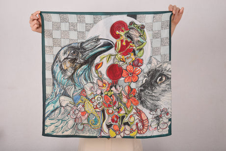 Artist Scarf. Silk Crepe-de-Chine 68X68 cm. "Bird/frog/cat/prawn" By Suse Hartung - Tone Barker Silk