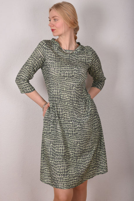 Baudrey, Stretch silk A-line dress with pockets . Print "Croco" (matte surface) - Tone Barker Silk