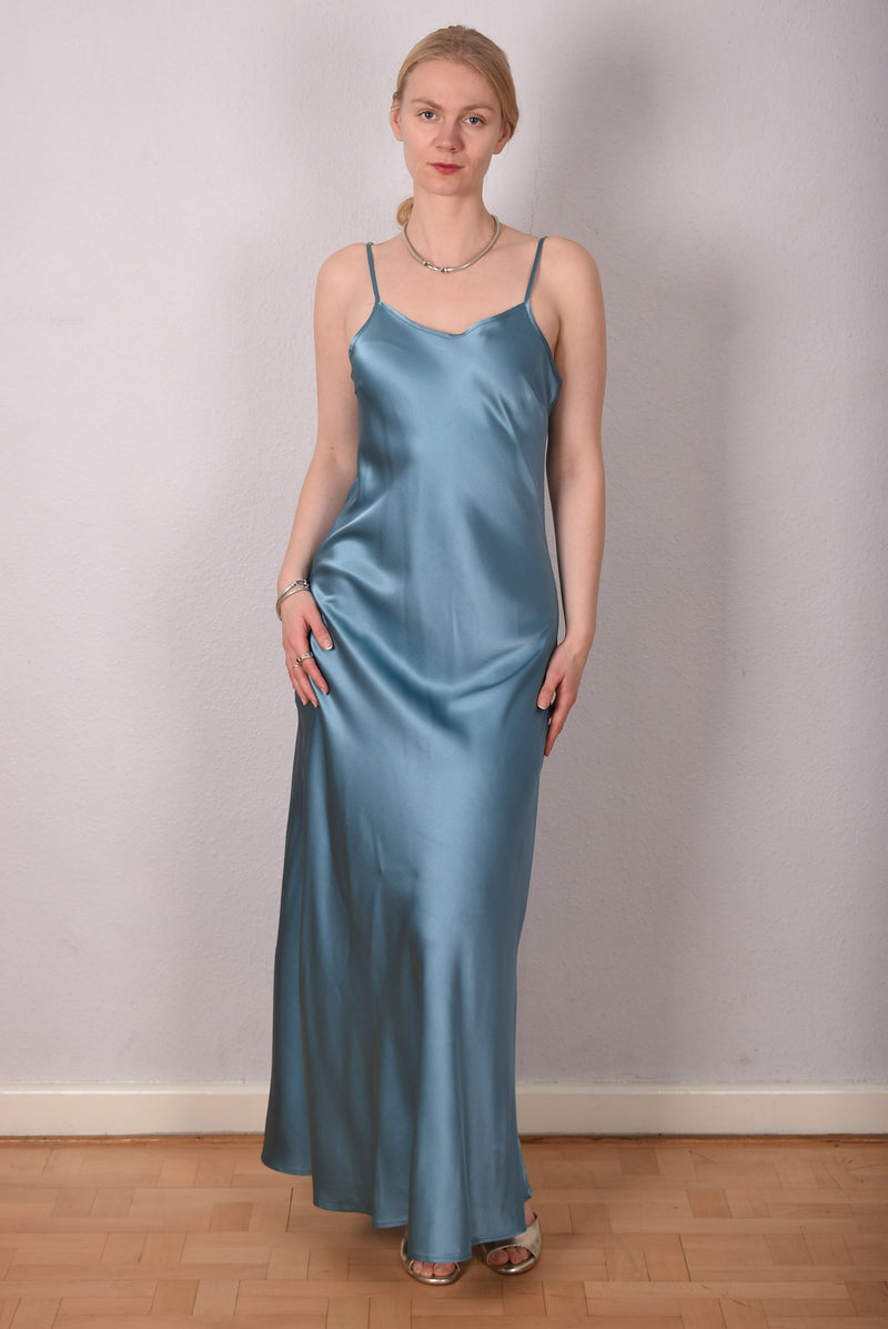 Paulima. Full lenght "Slip"-dress in stretch silk satin. Col: Bali blue - Tone Barker Silk
