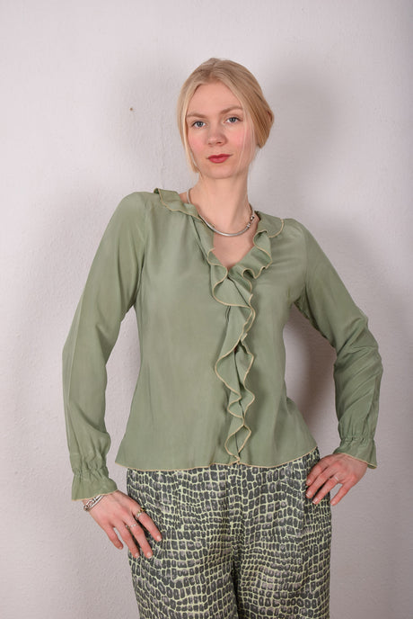 Palma - 100%  Silk Crepe de Chine   shirt with Volant, dyed "Olive" - Tone Barker Silk