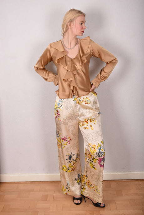Norah, Wide legged  trousers in Stretch satin Silk. Print: "Lillies" (Shiny silk) - Tone Barker Silk