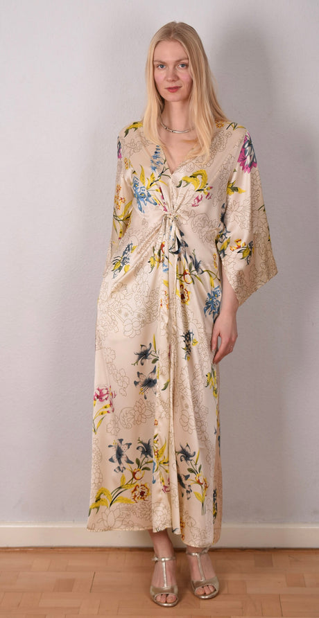 So-long, Stretch silk crepe satin. Caftan style maxi dress. Print "Lillies" - Tone Barker Silk