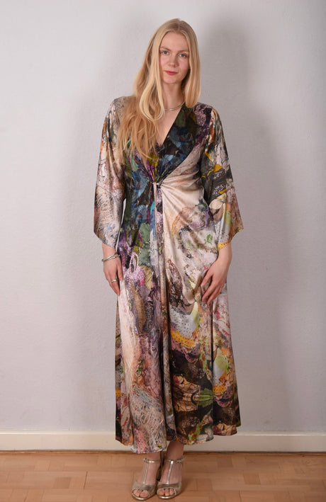 So-long, Stretch silk crepe satin. Caftan style maxi dress. Print "Megangel" - Tone Barker Silk