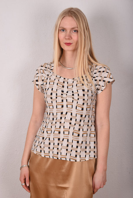 Selma. Stretch Silk blouse with short  raglan sleeves Print: Beisket - Tone Barker Silk