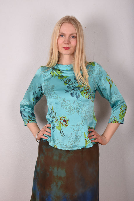 Audrey. Silk satin stretch top, classic style. "Lillies" Turqoise - Tone Barker Silk