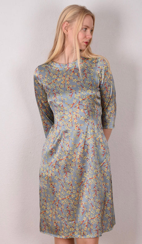 Baudrey, Stretch silk A-line dress with pockets . Print "Ponais" (shiny surface) - Tone Barker Silk