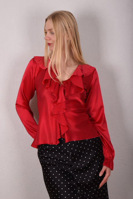 Palma-Stretch de Luxe. Silk shirt/blouse  with Volant and long sleeves. Col: B-red - Tone Barker Silk