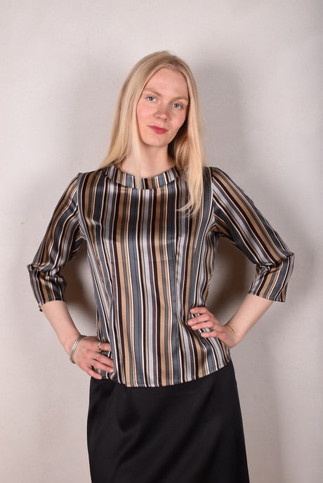 Audrey. Silk satin stretch top, classic style. Print: "M.B.stripe" by M.BARKER - Tone Barker Silk