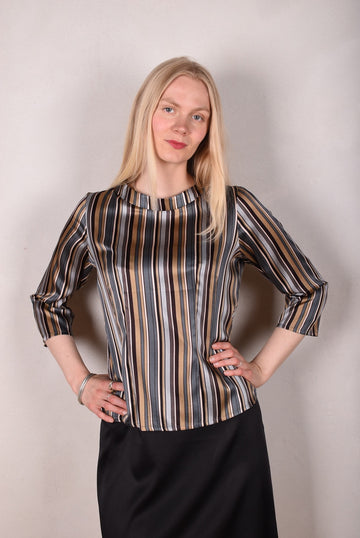 Audrey. Silk satin stretch top, classic style. Print: "M.B.stripe" by M.BARKER - Tone Barker Silk