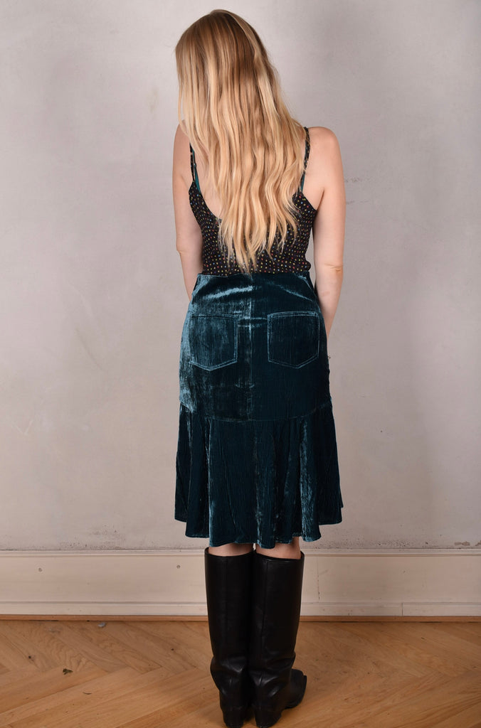 Joan-velvet. Skirt in silk/viscose corduroy velvet. Petrol (lining in print "Blears" silk) - Tone Barker Silk