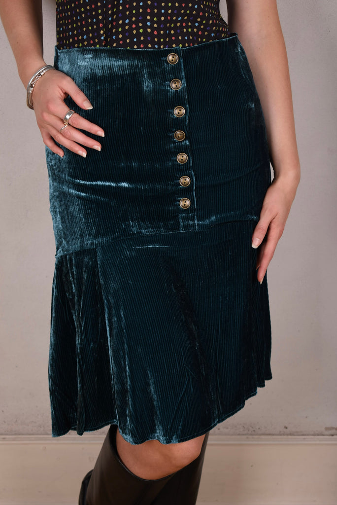 Joan-velvet. Skirt in silk/viscose corduroy velvet. Petrol (lining in print "Blears" silk) - Tone Barker Silk