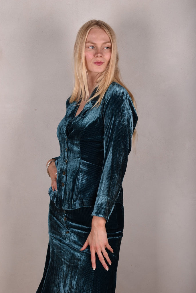 Patti-velvet. Silk stretch Velvet corduroy jacket. Petrol (details in stretch silk print "blears" - Tone Barker Silk
