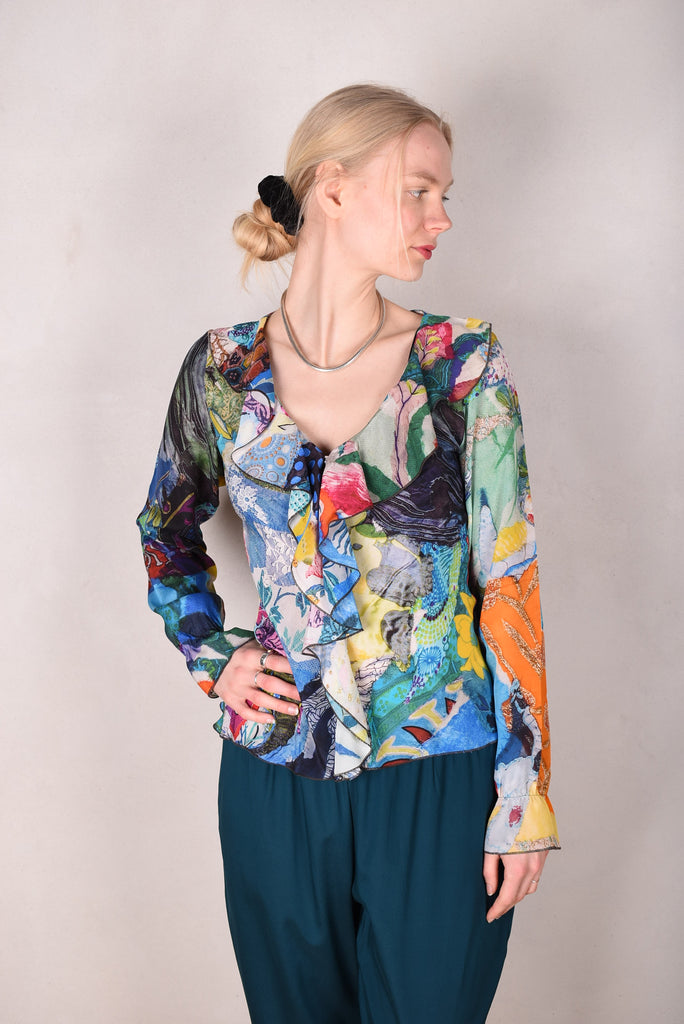 Palma - Silk shirt with Volant. Print "Giadams" by Nulle Oigaard - Tone Barker Silk