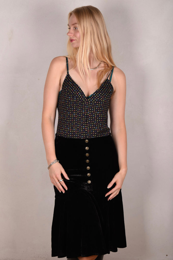 Joan-velvet. Skirt in silk/viscose corduroy velvet. Black (lining in print "Blears" silk) - Tone Barker Silk
