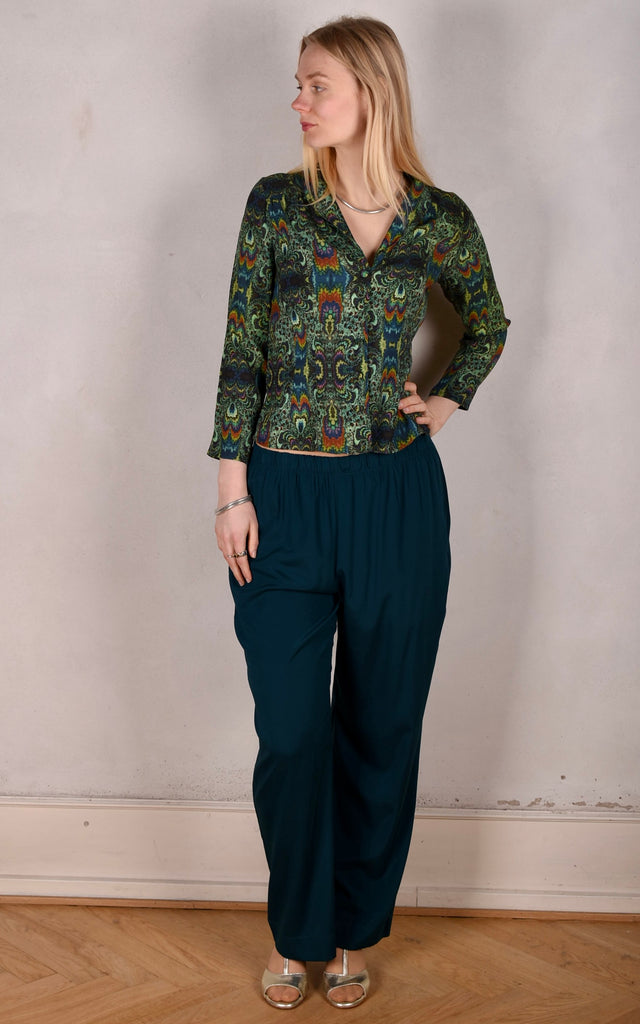 Norma, Semi-wide legged  trousers in Stretch satin Silk. "Petrol blue" Matte silk - Tone Barker Silk