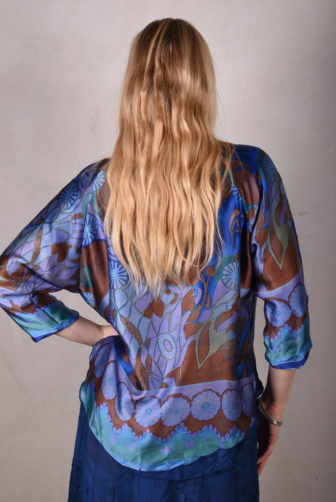 Tesstop, Reversible silk blouse in 2 layers of silk. "Blugend/blu-flower-dot" - Tone Barker Silk