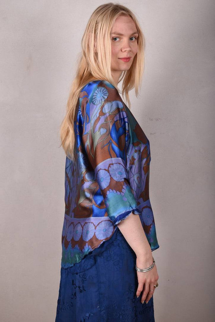 Tesstop, Reversible silk blouse in 2 layers of silk. "Blugend/blu-flower-dot" - Tone Barker Silk