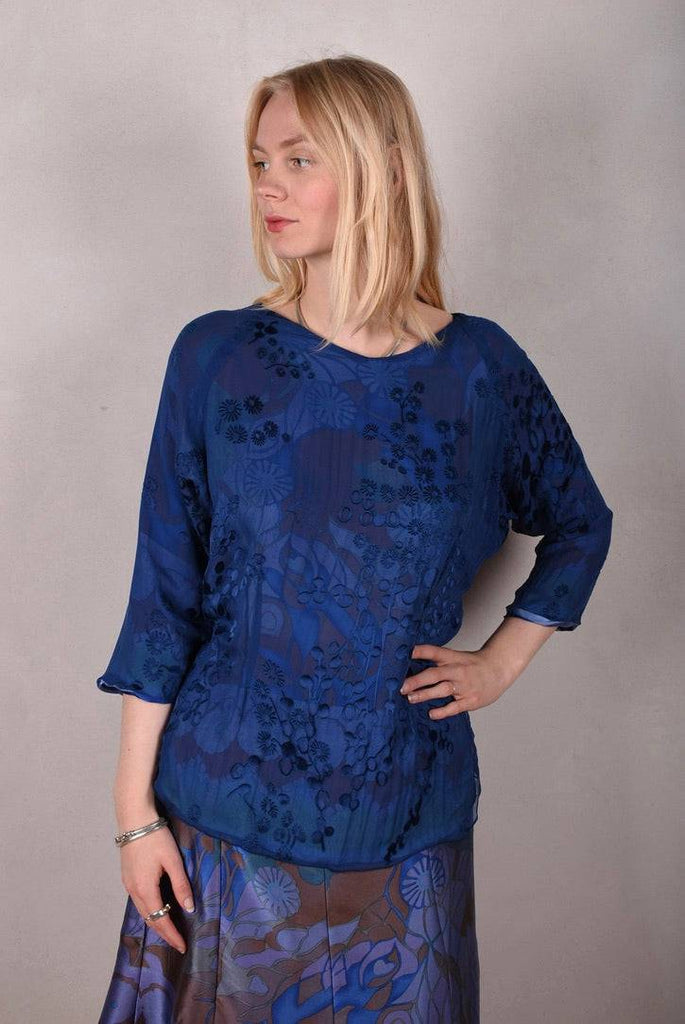 Tesstop, Reversible silk blouse in 2 layers of silk. "Blugend/blu-flower-dot" - Tone Barker Silk