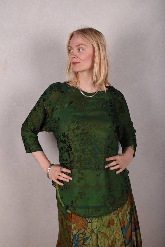 Tesstop, Reversible silk blouse in 2 layers of silk. "Gregend/Forrest-flower-dot" - Tone Barker Silk