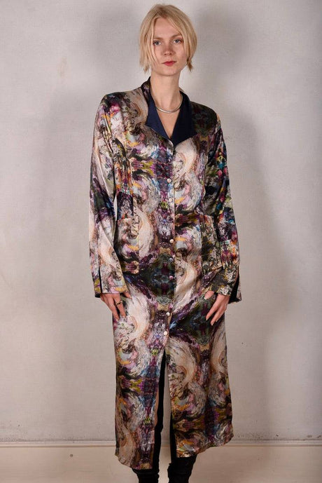 Double Silk Coat-dress in print "Angel-Nulle" +" Midnight Blue" - Tone Barker Silk