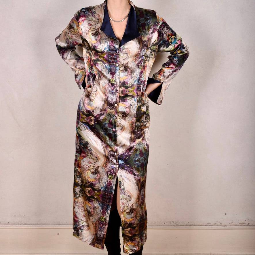 Double Silk Coat-dress in print "Angel-Nulle" +" Midnight Blue" - Tone Barker Silk