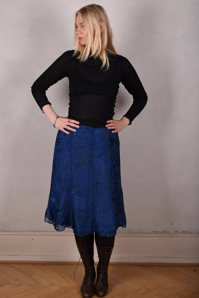 Monanu, reversible silk skirt in two layers of silk, sewn in panels "blugend/blue-flowerdot" - Tone Barker Silk