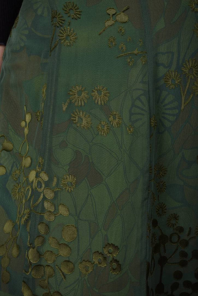 Monanu, reversible silk skirt in two layers of silk, sewn in panels "gregend/forrest-flowerdot" - Tone Barker Silk