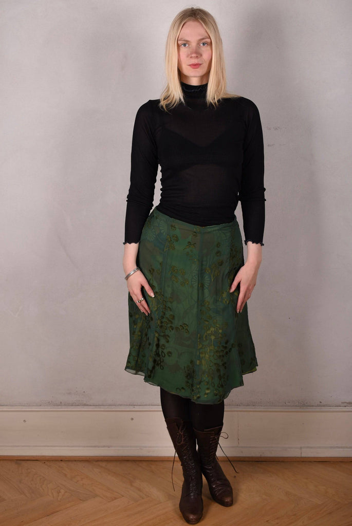 Monanu, reversible silk skirt in two layers of silk, sewn in panels "gregend/forrest-flowerdot" - Tone Barker Silk