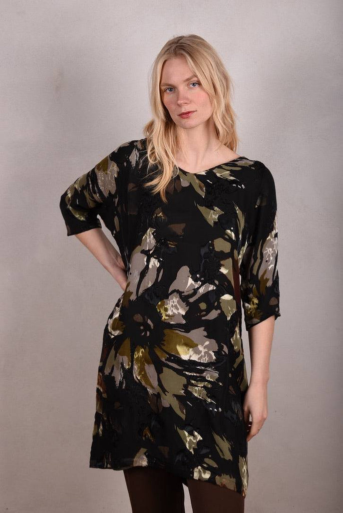 Reversible Silk dress "Tessa" Print combination "Camofleur/Dark" - Tone Barker Silk