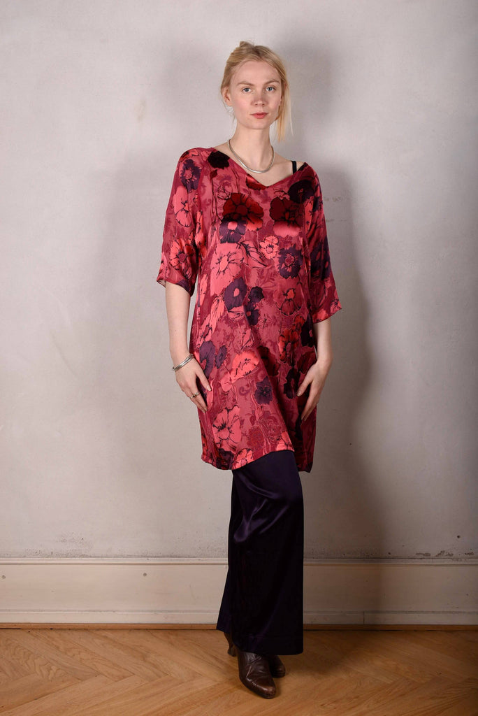 Reversible Silk dress "Tessa" Print combination "Winter-red/Pairose" - Tone Barker Silk