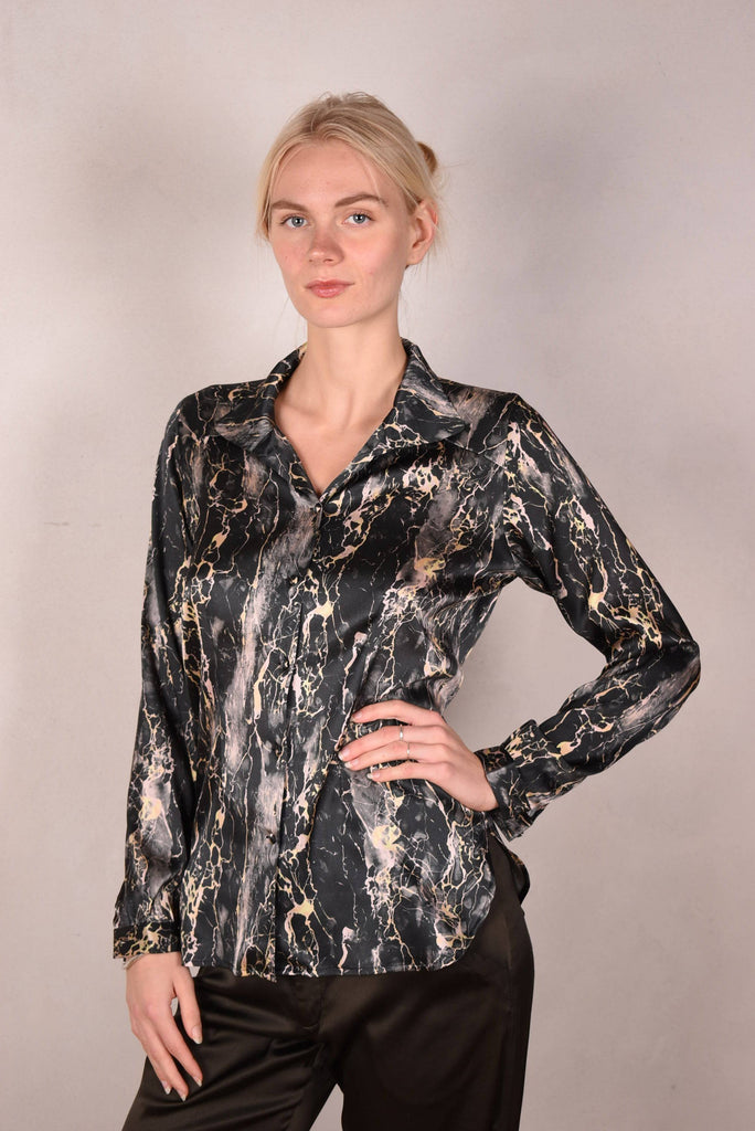 Alexa Stretch Silk shirt w. turtle-neck / collar. Print: "Marble" - Tone Barker Silk