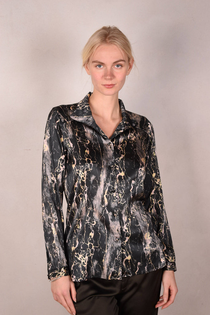 Alexa Stretch Silk shirt w. turtle-neck / collar. Print: "Marble" - Tone Barker Silk