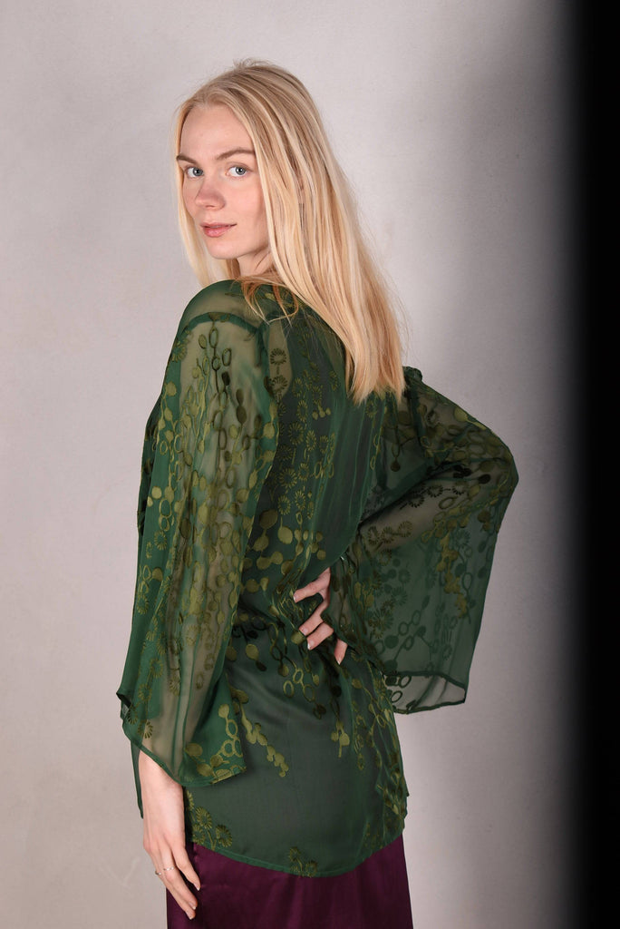 Alicia. Kimono top in silk devoré. Forrest green - Tone Barker Silk