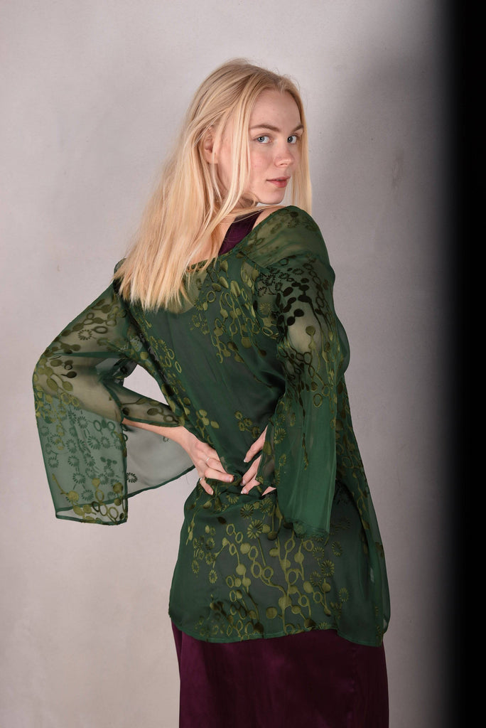 Alicia. Kimono top in silk devoré. Forrest green - Tone Barker Silk