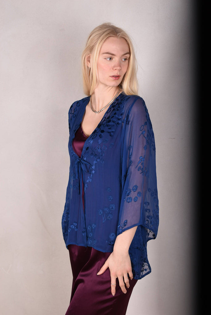 Alicia. Kimono top in silk devoré. True Blue - Tone Barker Silk