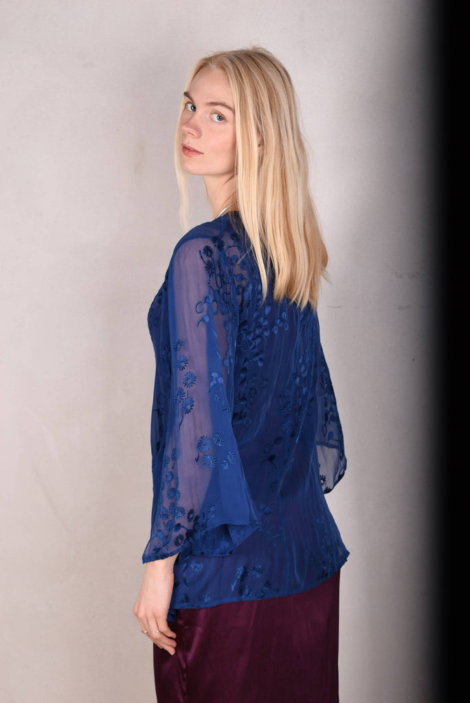 Alicia. Kimono top in silk devoré. True Blue - Tone Barker Silk