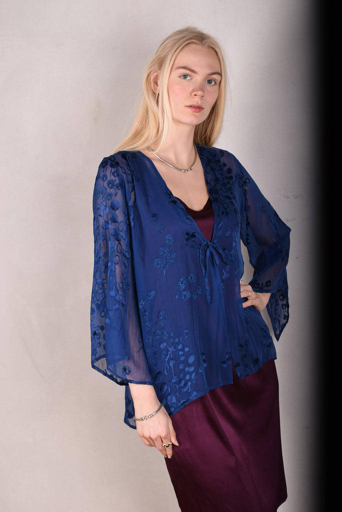 Alicia. Kimono top in silk devoré. True Blue - Tone Barker Silk