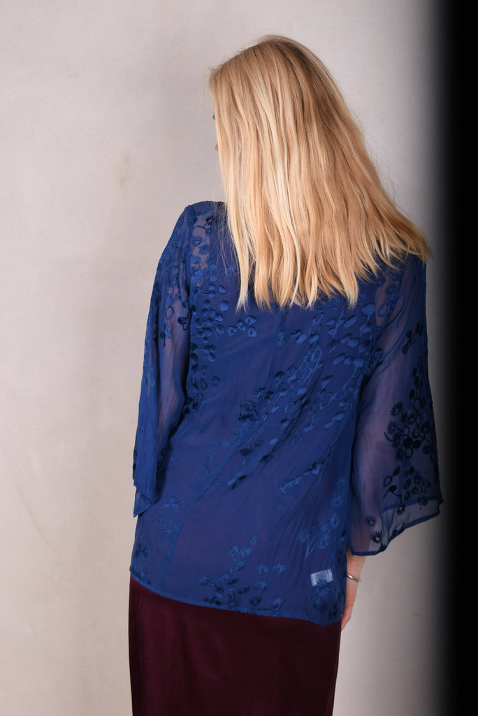 Alicia. Kimono top in silk devoré. True Blue - Tone Barker Silk