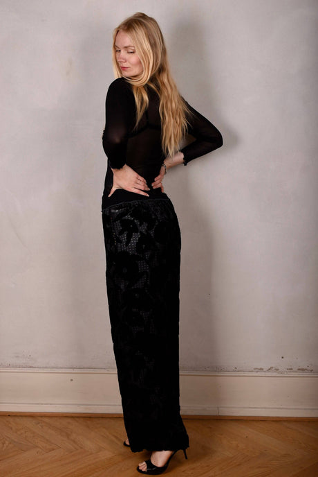 Norah velvet. Reversible trousers in silk velvet/silk crepe-satin "Black/Blears" - Tone Barker Silk