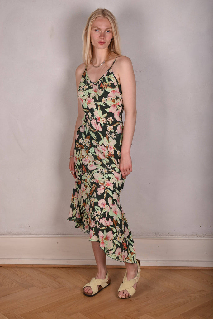 Tiffany. Bias cut, midi-length, asymmetric dress in silk/viscose mix "Bee-bloom" - Tone Barker Silk