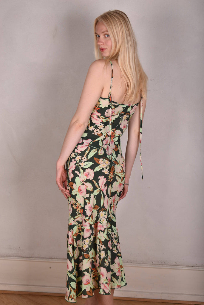 Tiffany. Bias cut, midi-length, asymmetric dress in silk/viscose mix "Bee-bloom" - Tone Barker Silk