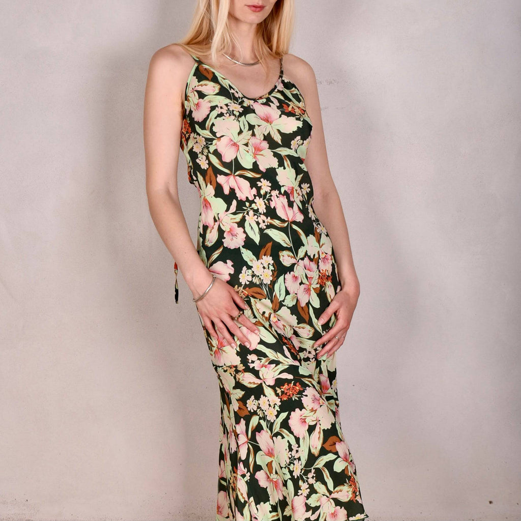 Tiffany. Bias cut, midi-length, asymmetric dress in silk/viscose mix "Bee-bloom" - Tone Barker Silk