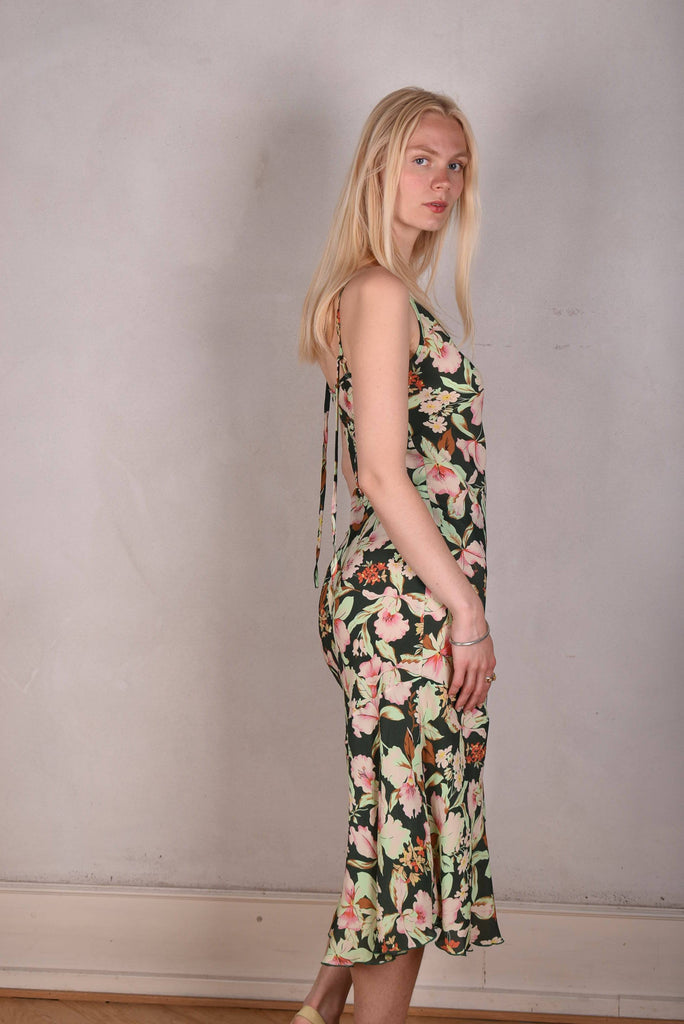 Tiffany. Bias cut, midi-length, asymmetric dress in silk/viscose mix "Bee-bloom" - Tone Barker Silk