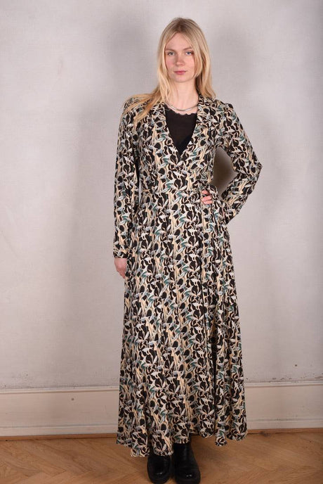 Wang wrap. Maxi wrap dress in Noil silk/rayon mix. 60% silk/40% viscose "Bird/Branch" - Tone Barker Silk